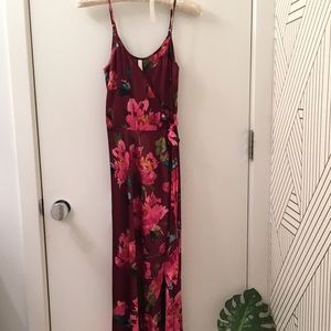 Burgundy floral long maxi faux-wrap satin dress